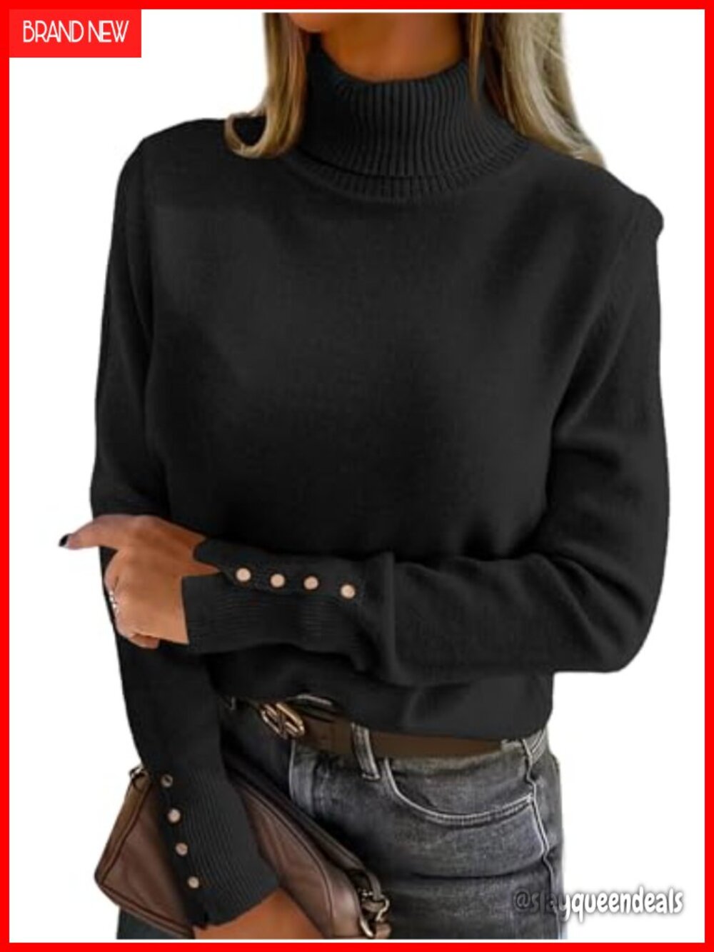 Turtleneck Sweater Long Sleeve Knitted Pullover Ribbed Trim Women
